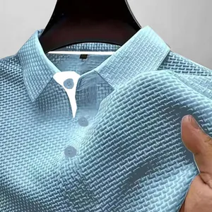 Close-up of light blue men's ice silk Polo shirt showing breathable mesh texture