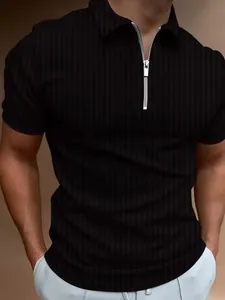 Men's summer slim fit black ribbed polo shirt featuring modern front zipper closure