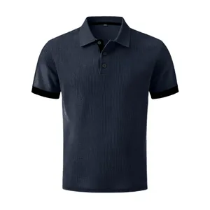 Detailed view of navy blue waffle knit polo shirt with breathable ice silk texture