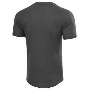 Detailed back view of men's dark grey short-sleeve T-shirt with waffle texture fabric.