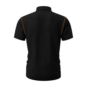 Back view of black men's ice silk short-sleeve polo shirt with brown stitching