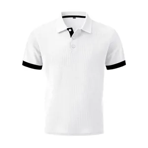 Close-up of white waffle texture polo shirt with black contrast collar and cuffs
