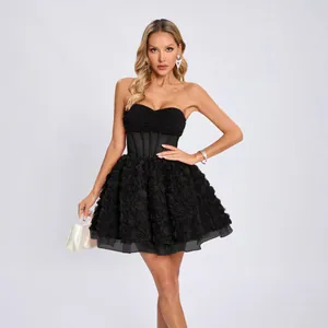Vestido Mini Pomposo Sexy con Escote Palabra de Honor Bordado y Flores 3D para Mujer Vestido de Fiesta Elegante