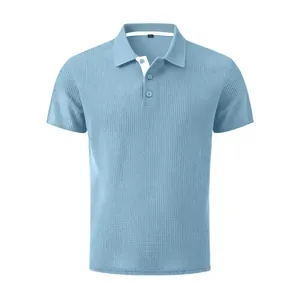 Men's light blue waffle knit polo shirt detail with breathable ice silk fabric texture