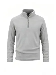 Gedetailleerd beeld van een lichtgrijze fleece pullover voor heren met halve rits.