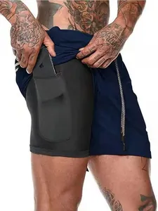 Short de sport homme bleu marine double couche avec poche téléphone pour entraînement