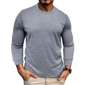 Close-up detail of a premium men's grey waffle knit long sleeve crew neck basic t-shirt
