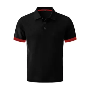Close-up of men's breathable waffle knit polo shirt with red sleeve cuff details
