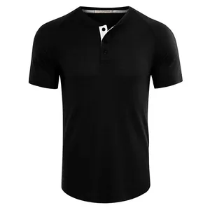 Detailed macro view of a men's black waffle knit Henley shirt with white button placket