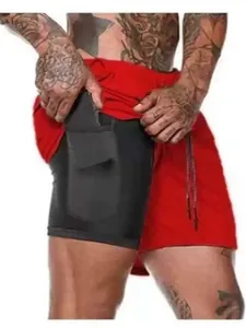 Short de course en mesh rouge double couche pour hommes avec poche