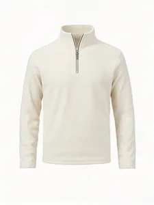 Vooraanzicht van een beige fleecejack voor heren met een korte ritssluiting en kraag.