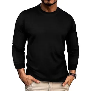 Detailed view of black waffle knit texture on men's long sleeve crew neck t-shirt
