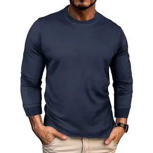 Detailed view of men's dark blue waffle knit long sleeve T-shirt with round neck
