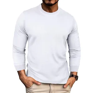 Detailed view of the premium white waffle knit long-sleeve crew neck T-shirt on a male model