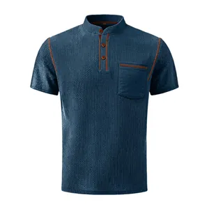 Detailed view of breathable blue men's short sleeve Henley shirt with ribbed texture