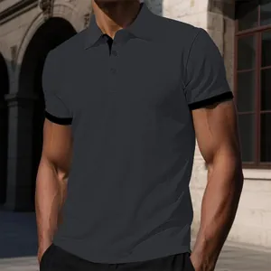 Close-up of charcoal grey textured polo shirt showing breathable ice silk fabric detail