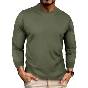 Detail view of men's olive green waffle knit long-sleeve T-shirt for casual wear
