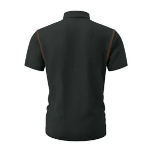 Back view of men's black ice silk polo shirt with breathable mesh texture and orange stitching.