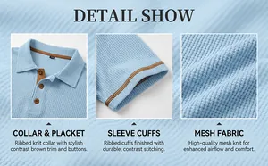 Detalle del cuello, los puños y el tejido de malla tipo gofre de un polo azul para hombre.