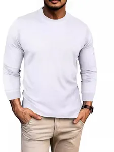 Men Waffle Knit Long Sleeve T-Shirt Casual Round Neck Sweatshirt Basic Solid Color Polyester Pullover Top For Autumn Winter
