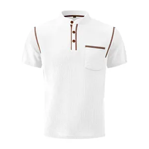 Front view of a white short sleeve Henley shirt with brown trim and ribbed texture