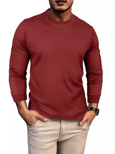Classic men's crew neck long sleeve waffle knit T-shirt in deep red for casual wear