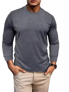 Men's casual crew neck long sleeve T-shirt with waffle knit texture in charcoal grey.
