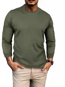Men's army green waffle knit long sleeve T-shirt with a classic round neck design.