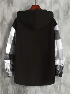 Back view of a men's hooded shirt featuring black corduroy and plaid patterned sleeves