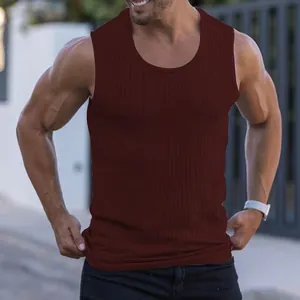 Men's burgundy slim fit ribbed sports tank top featuring high-stretch fabric for fitness