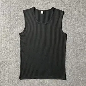 Close-up macro detail of men's black ribbed slim fit quick-dry athletic tank top