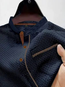 Men's navy blue short sleeve Henley polo shirt with breathable waffle texture pattern