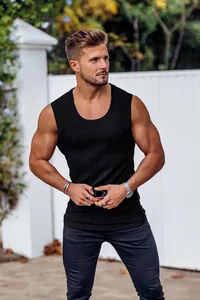 Close-up of mens slim fit ribbed gym tank top with wide shoulder straps