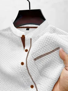 Men's ice silk breathable white short sleeve polo shirt featuring a unique textured grid pattern