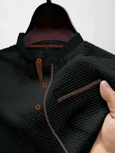 Men's black ice silk Henley polo shirt with breathable waffle texture and brown buttons