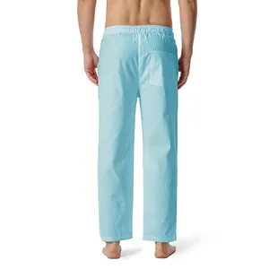 Detail showing the back view and single pocket of men's light blue cotton linen casual pants