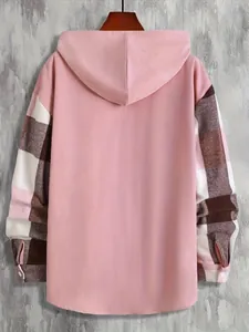 Men's casual pink ribbed hoodie with contrast plaid sleeves shown from a rear perspective.