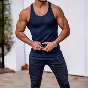 Canotta sportiva da uomo slim fit blu navy in maglia a costine, ideale per il fitness