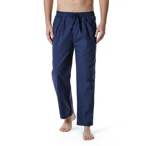 Casual navy blue cotton linen nine-point trousers for men featuring a drawstring waist