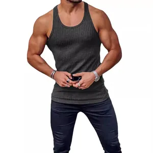 Canotta sportiva da uomo grigio scuro a coste per palestra e allenamento fitness