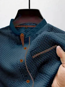 Breathable ice silk men's Henley shirt with textured waffle knit and brown trim detail