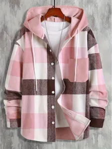 Men's pink plaid hooded shirt with textured front pocket and drawstring hood