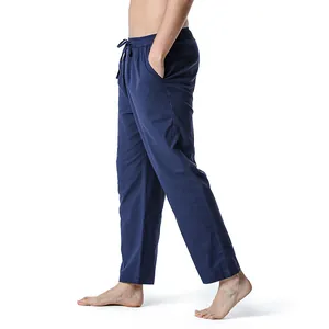 Detailed side view of men's navy blue cotton linen casual drawstring cropped pants