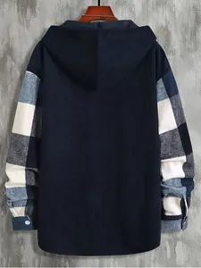 Back view detail of men's hooded shirt with navy corduroy body and plaid sleeves
