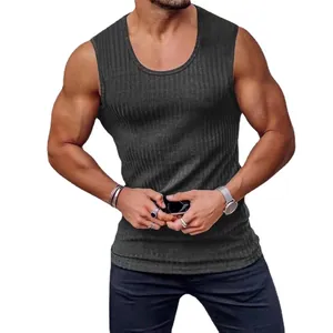 Men's slim fit ribbed fitness tank top, sleeveless sports vest in dark grey charcoal