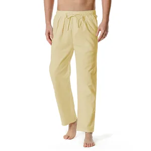 Detailed view of men's breathable khaki cotton linen casual pants with drawstring waist.