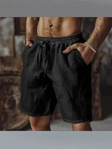 Short Casual en Coton et Lin pour Hommes Ample Respirant Couleur Unie Taille Élastique Cordon Été Plage Mode Short Casual