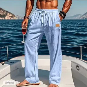 Sky blue men's breathable linen trousers perfect for beach vacations on a yacht