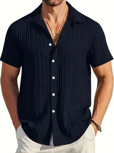Close-up view showing the vertical pleated texture and buttons of the navy shirt