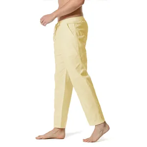 Side view detail of men's beige cotton linen casual nine-point trousers